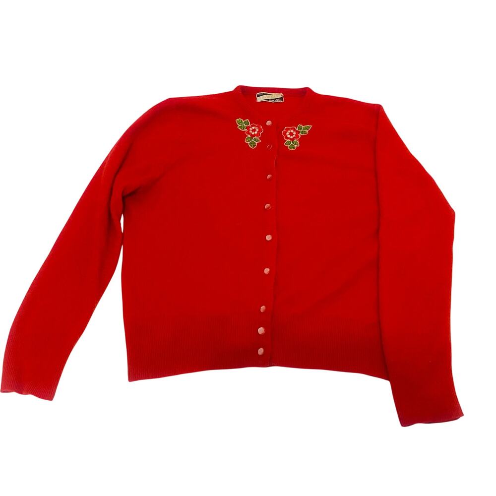 Vintage Red Holiday Cardigan Sweater with Floral Embroidery